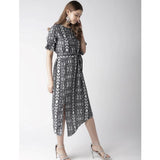 Black & White animal print polyester knee-length dress on model, short sleeves and round neck