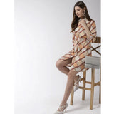 Off White & Brown printed polyester roll-up sleeve dress for women, above knee length on mannequin