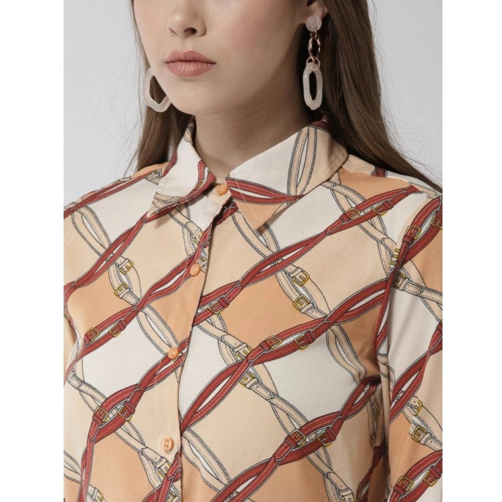 Off White & Brown printed roll-up sleeve above knee dress (polyester) on hanger with collar neckline