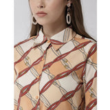 Off White & Brown printed roll-up sleeve above knee dress (polyester) on hanger with collar neckline