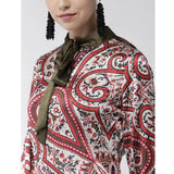 Red polyester printed long sleeves above knee dress with collar, vibrant pattern detail