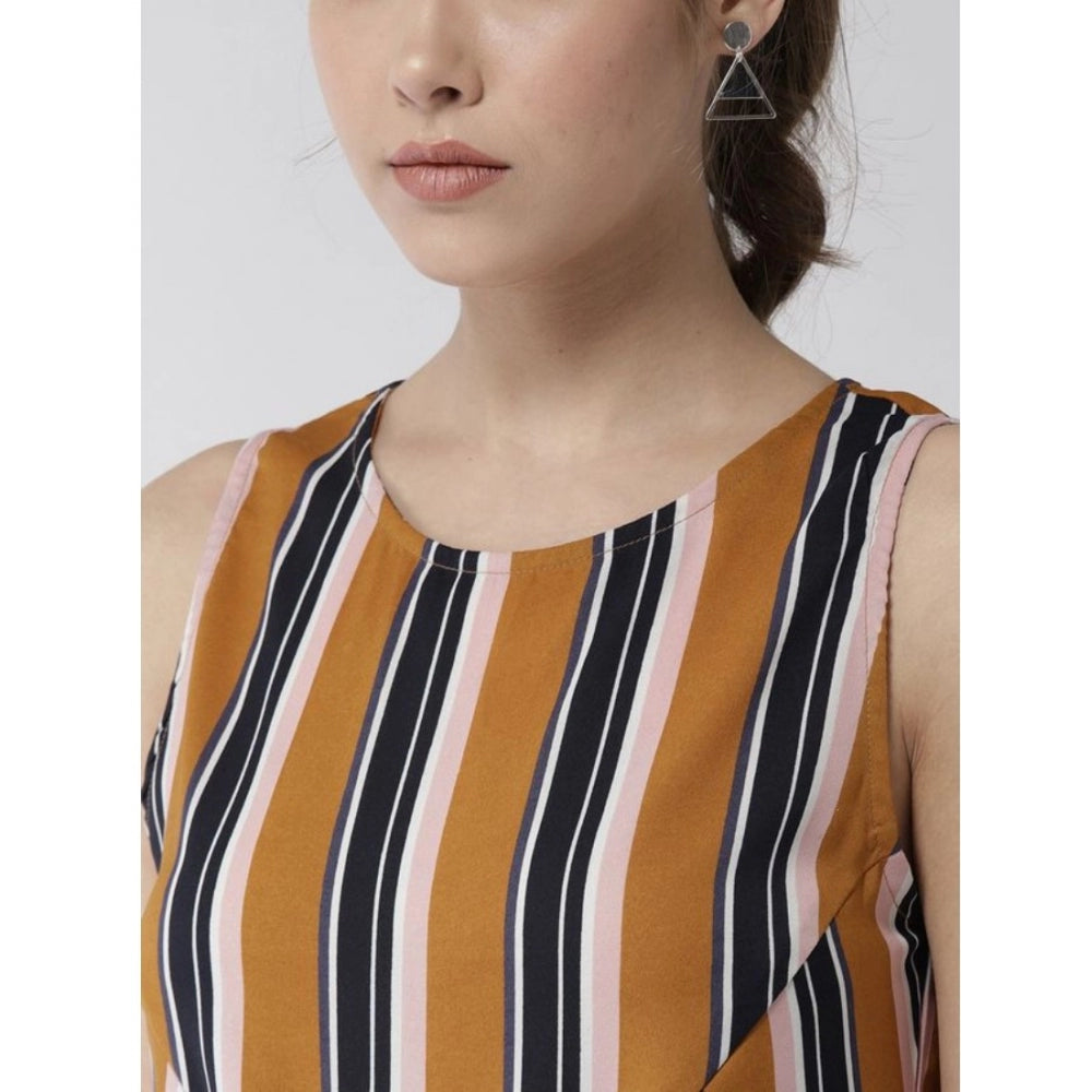 Mustard striped polyester sleeveless below-knee dress for women