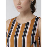 Mustard striped polyester sleeveless below-knee dress for women