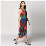 Multicolor polyester asymmetrical knee-length dress with shoulder straps, vibrant design for women's fashion
