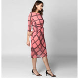 Pink & black polyester checkered women's 3/4th sleeve below knee dress