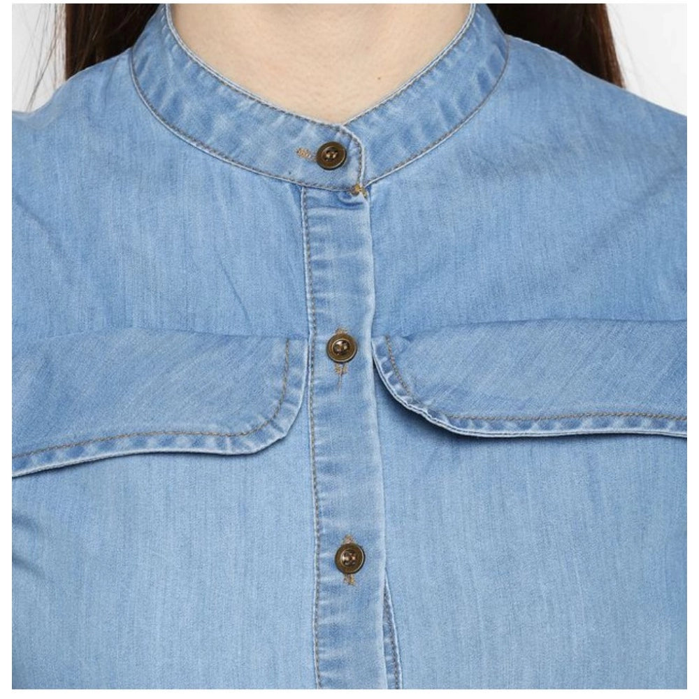 Blue denim cold shoulder above-knee dress with solid pattern