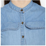Blue denim cold shoulder above-knee dress with solid pattern