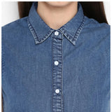 Blue denim solid sleeveless above knee dress for women, stylish and comfortable summer outfit