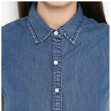 Women's Denim Solid Sleeveless Above Knee Dress (Blue)