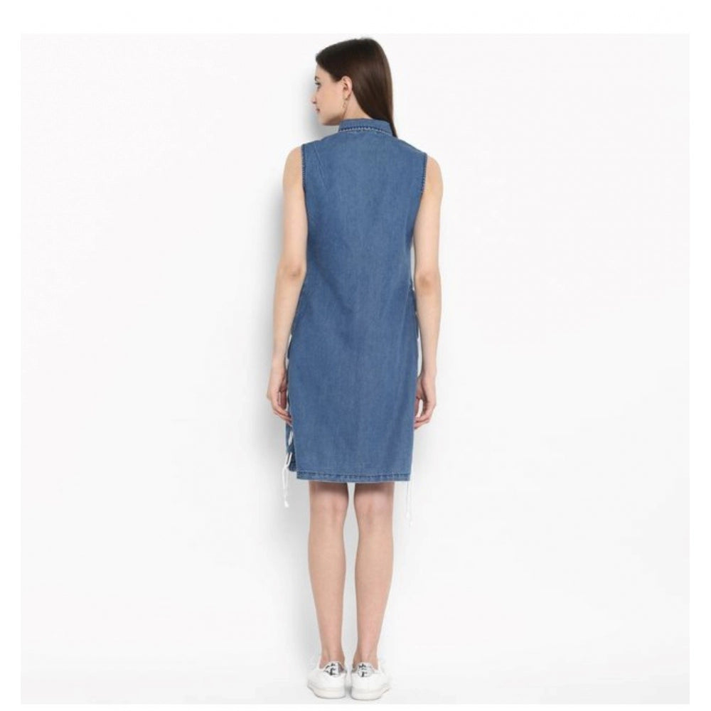 Blue denim solid sleeveless above-knee dress for women on fashion mannequin