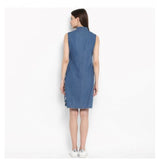 Blue denim solid sleeveless above-knee dress for women on fashion mannequin