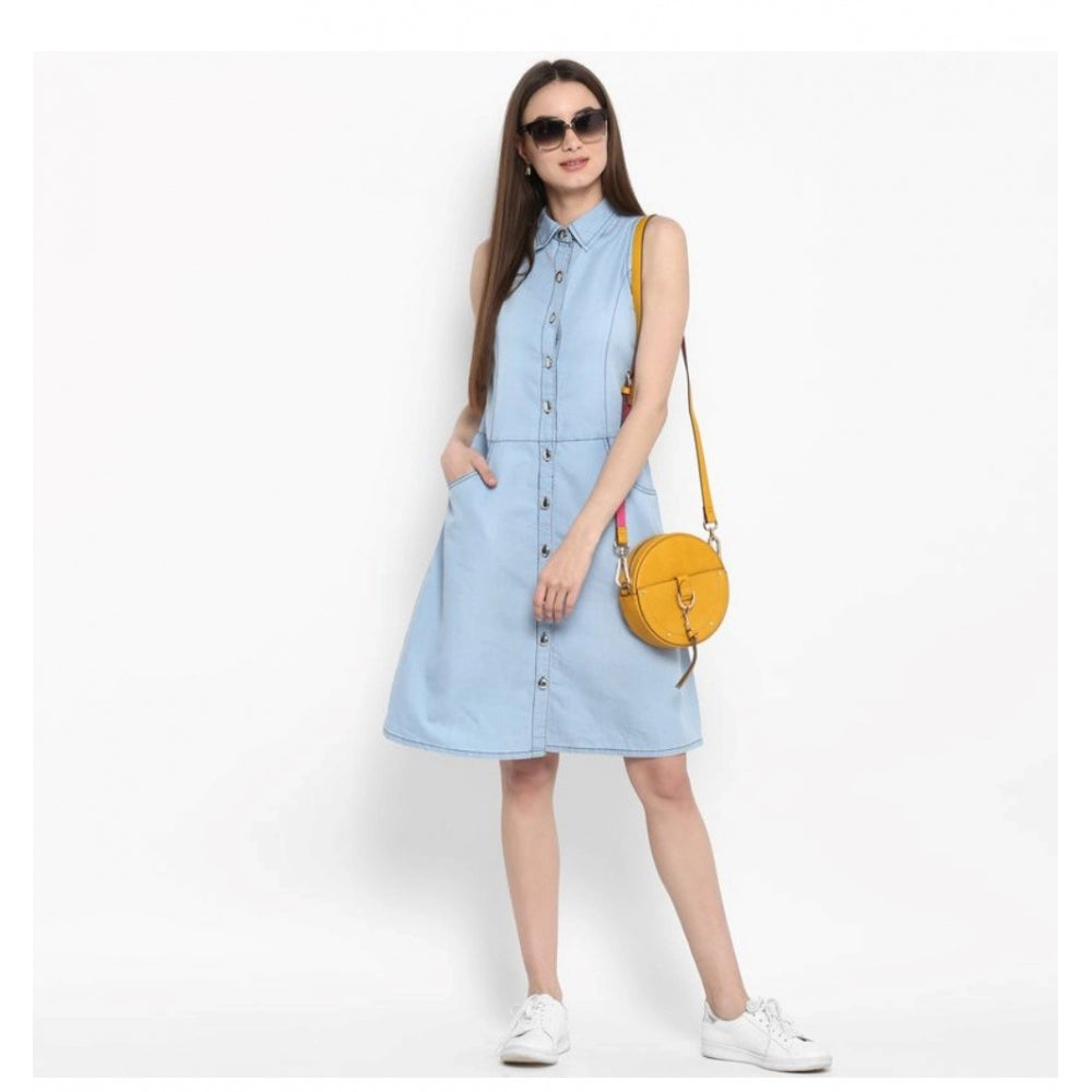 Blue denim women's sleeveless below-knee dress, solid design for casual wear