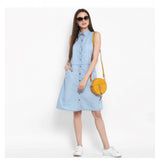 Blue denim women's sleeveless below-knee dress, solid design for casual wear