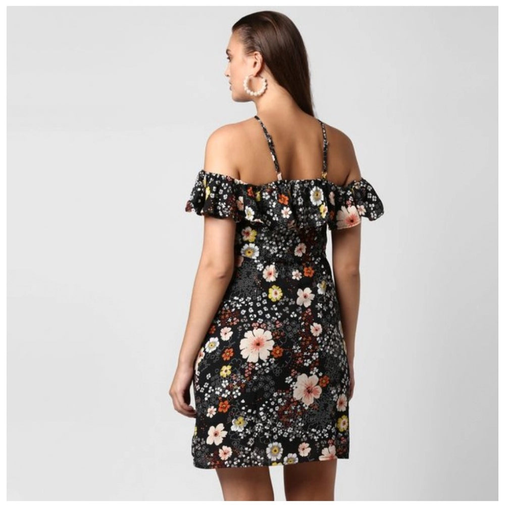 Black polyester floral cold shoulder dress with halter neck and above knee length, featuring floral pattern