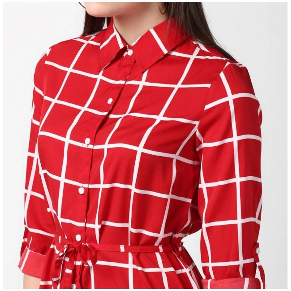 Red polyester checkered long-sleeve dress on model, above-knee length