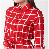 Red polyester checkered long-sleeve dress on model, above-knee length