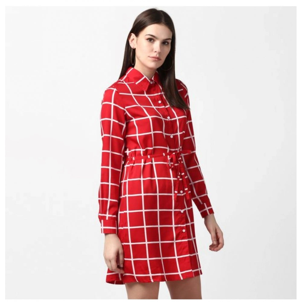 Red polyester checkered long sleeves dress for women - above knee length, collar neck type