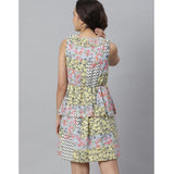 Multicolor polyester peplum sleeveless above knee dress for women, vibrant and stylish fashion apparel on mannequin