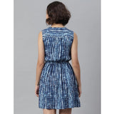 Blue rayon tie & dye sleeveless above knee dress, vibrant pattern on display