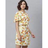 Orange & yellow printed polyester flutter above-knee dress on fashion mannequin