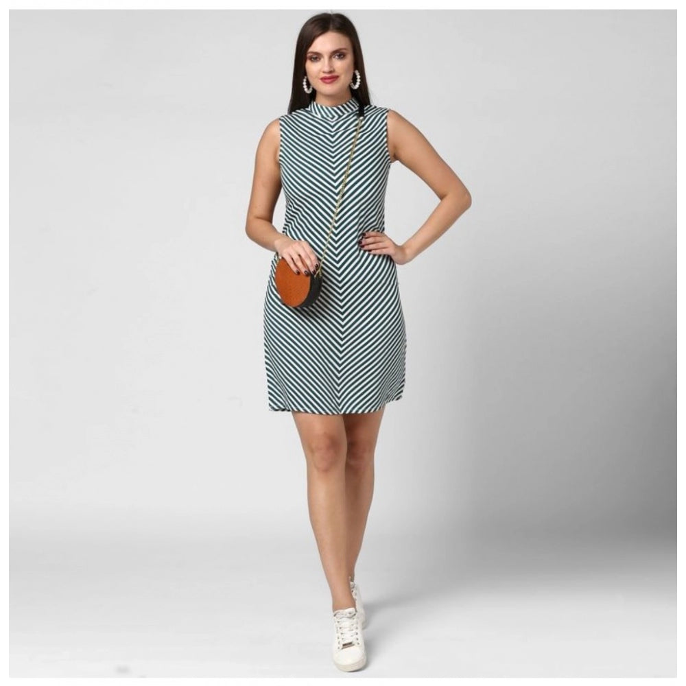 Green striped polyester sleeveless dress for women, above-knee length on mannequin