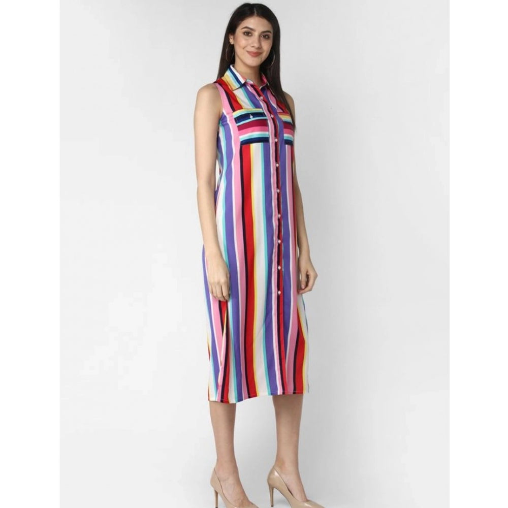 Multicolor striped polyester sleeveless calf-length dress on model