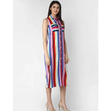 Multicolor striped polyester sleeveless calf-length dress on model