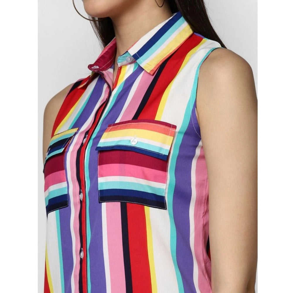 Multicolor striped polyester sleeveless calf-length dress on model
