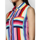 Multicolor striped polyester sleeveless calf-length dress on model