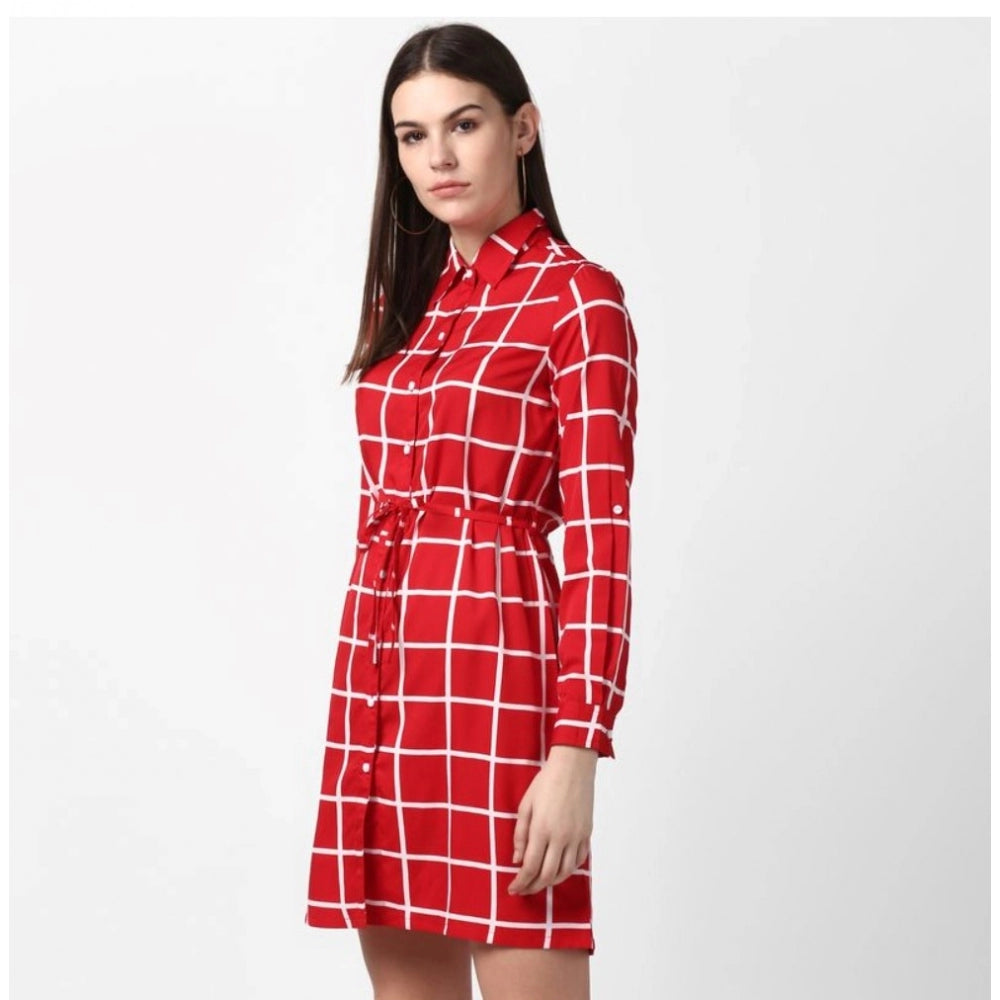 Red polyester checkered long sleeve above-knee dress with collar