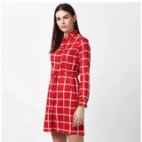 Red polyester checkered long sleeve above-knee dress with collar