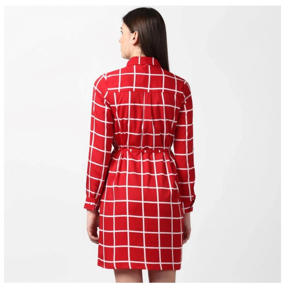 Red polyester checkered long sleeve dress, above-knee length for women