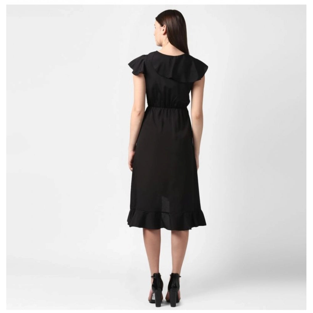 Black polyester ruffled cap sleeve knee-length dress for women