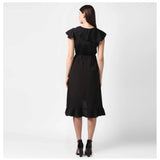 Women's Polyester Ruffled Cap Sleeve Knee-Length Dress (Black)