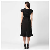 Black polyester ruffled cap sleeve knee-length dress for women