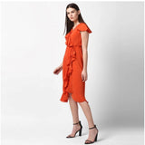 Orange polyester ruffled cap sleeve knee-length dress for women, vibrant pattern detail
