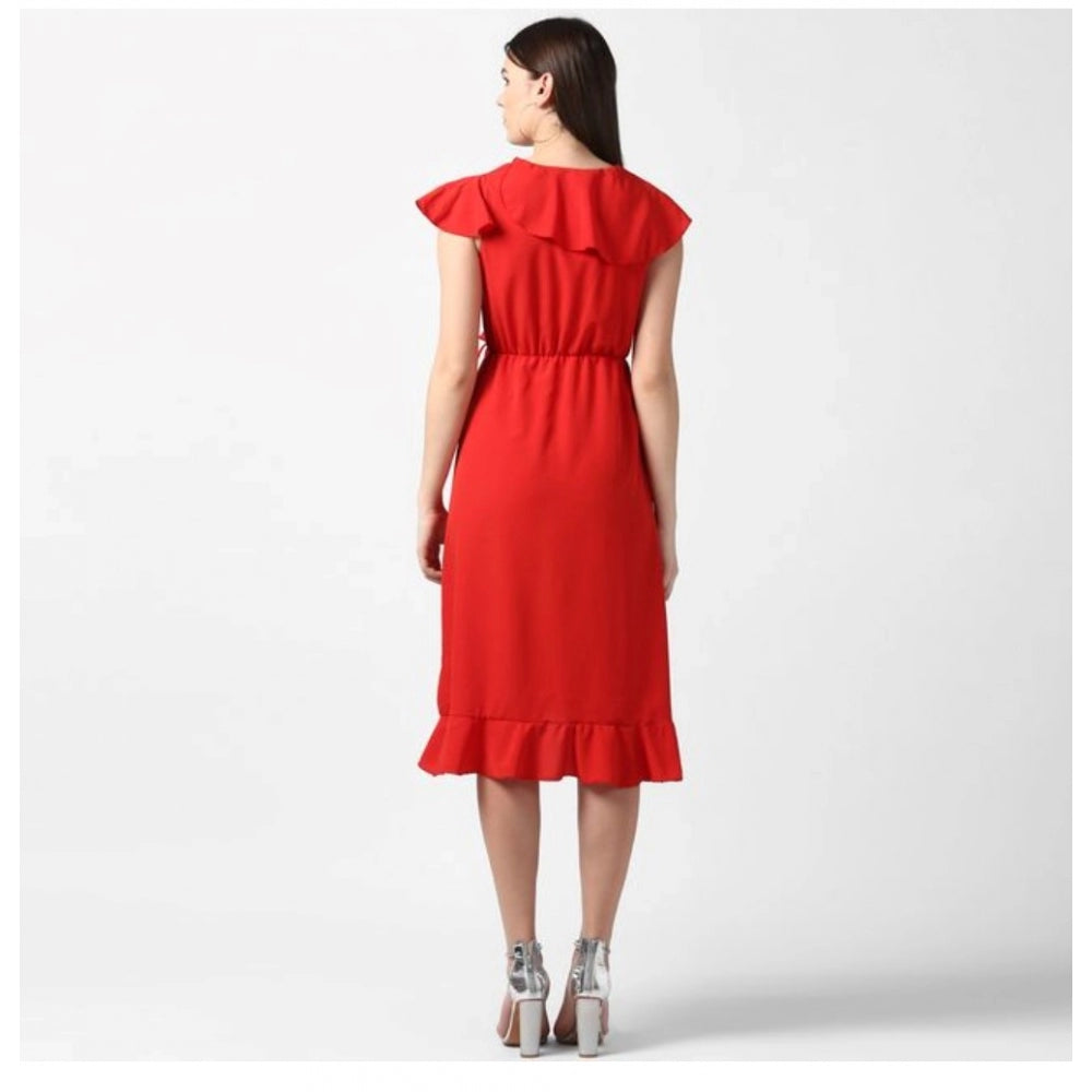 Red polyester ruffled cap sleeve knee-length dress for women