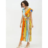 Multicolor satin chain print cap sleeve calf-length dress with V neck, ideal for evening wear