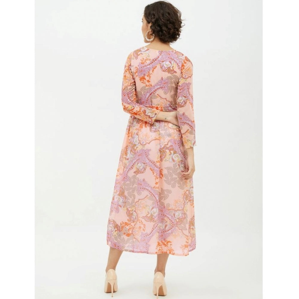 Multicolor polyester printed long sleeves calf-length dress for women, vibrant patterns on display