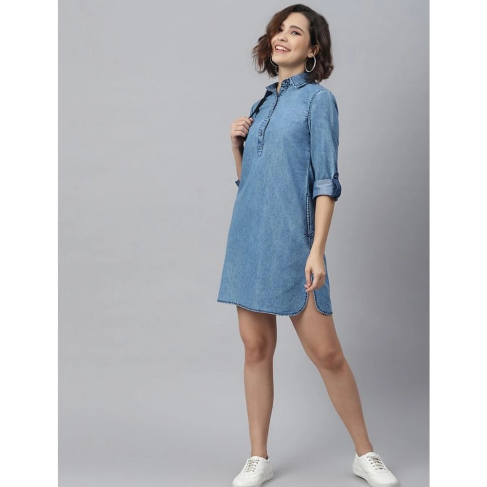 Ice Blue Denim Solid Long Sleeve Dress for Women, casual wear on mannequin