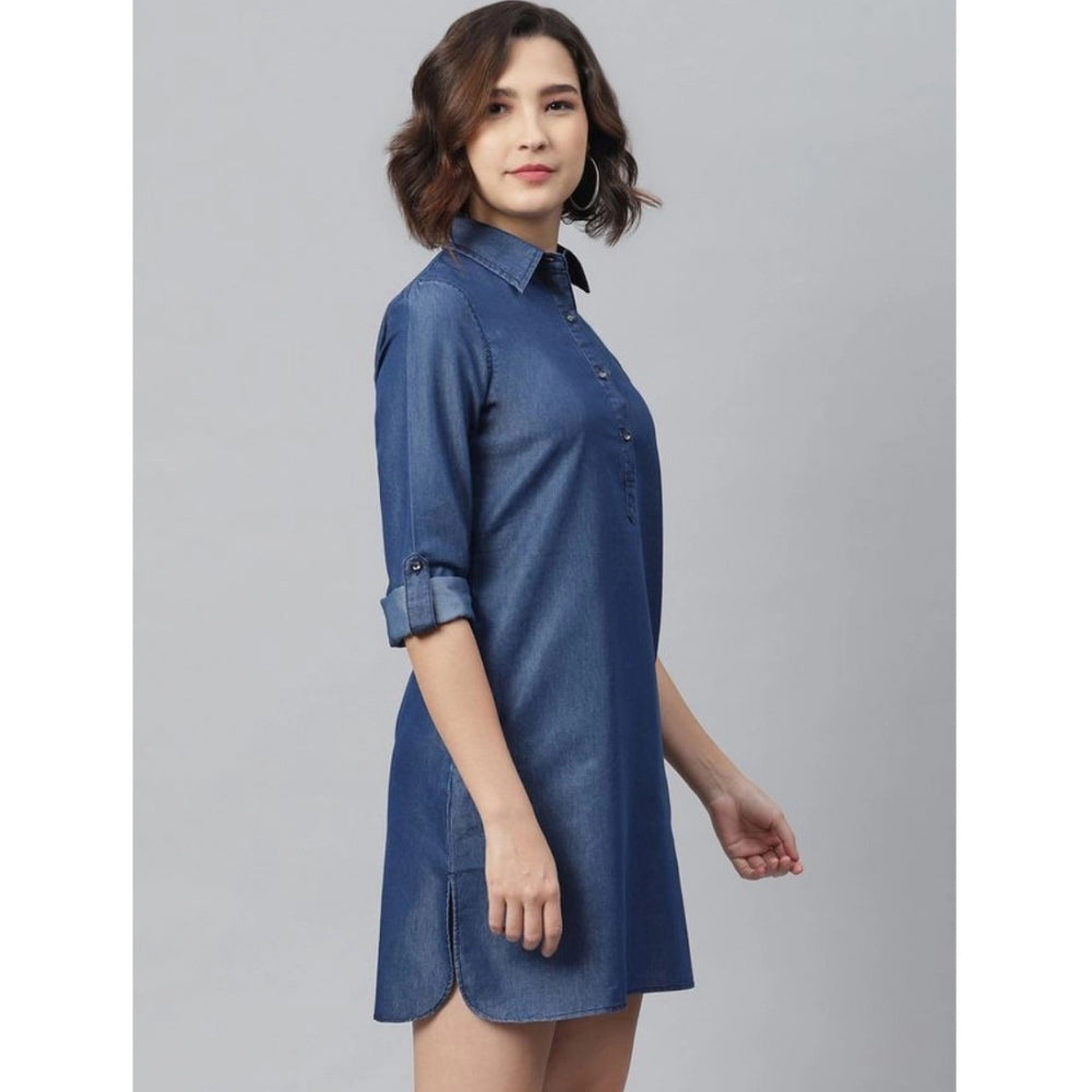 Navy blue denim women's long-sleeve dress with solid pattern, above-knee length