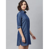 Navy blue denim women's long-sleeve dress with solid pattern, above-knee length