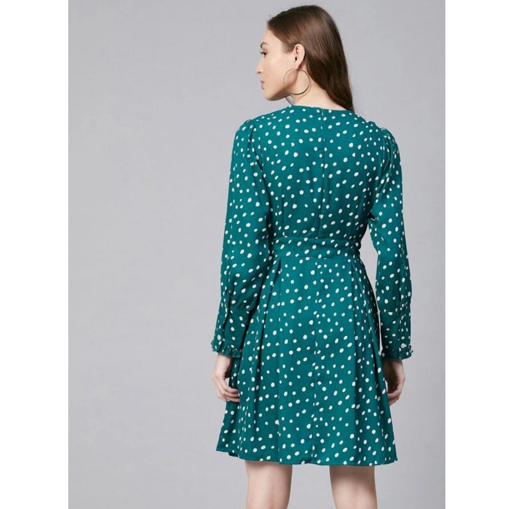 Green & White polyester polka long-sleeve dress for women, above-knee length with round neckline, shown on a mannequin