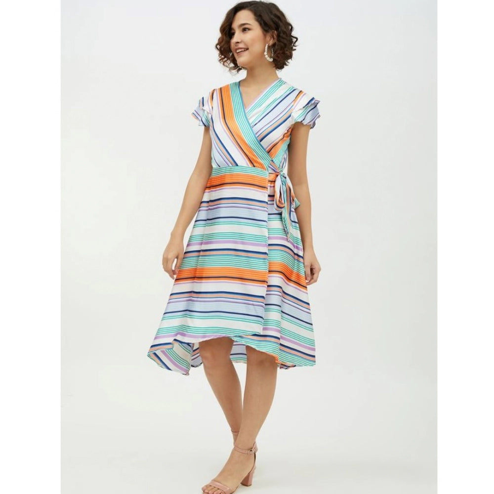 Multicolor striped satin short sleeve knee-length dress for women