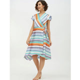 Women's Satin Striped Short Sleeve Knee-Length Dress (Multicolor)