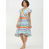 Multicolor striped satin short sleeve knee-length dress for women
