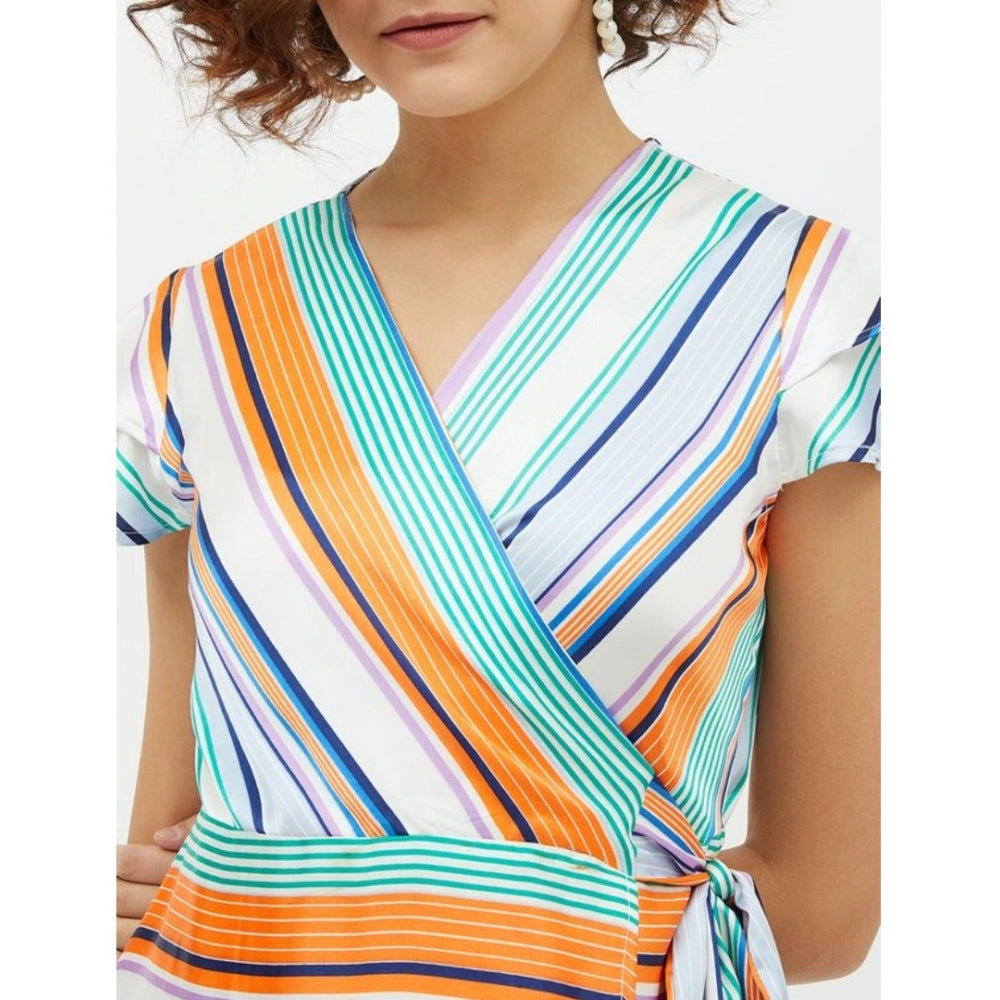 Multicolor satin striped short sleeve knee-length dress for women, vibrant pattern on display