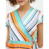 Multicolor satin striped short sleeve knee-length dress for women, vibrant pattern on display