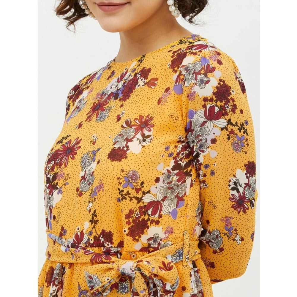 Multicolor polyester floral long sleeve calf-length dress on model