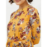 Multicolor polyester floral long sleeve calf-length dress on model